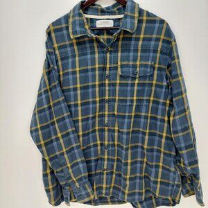 REI Cooperative Men's XL Blue & Yellow Plaid Flannel Shirt Sportsman Camping